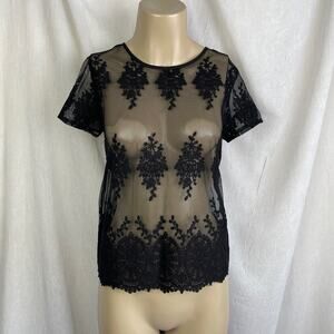 Black Sheer Mesh Knit Lace T Shirt Scalloped Hem Forever 21 Size Small